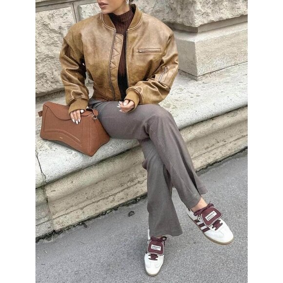 Women Cream 100% Synthetic Leather Baseball Collar Zip Up Cropped Biker Coat - Picture 6 of 6